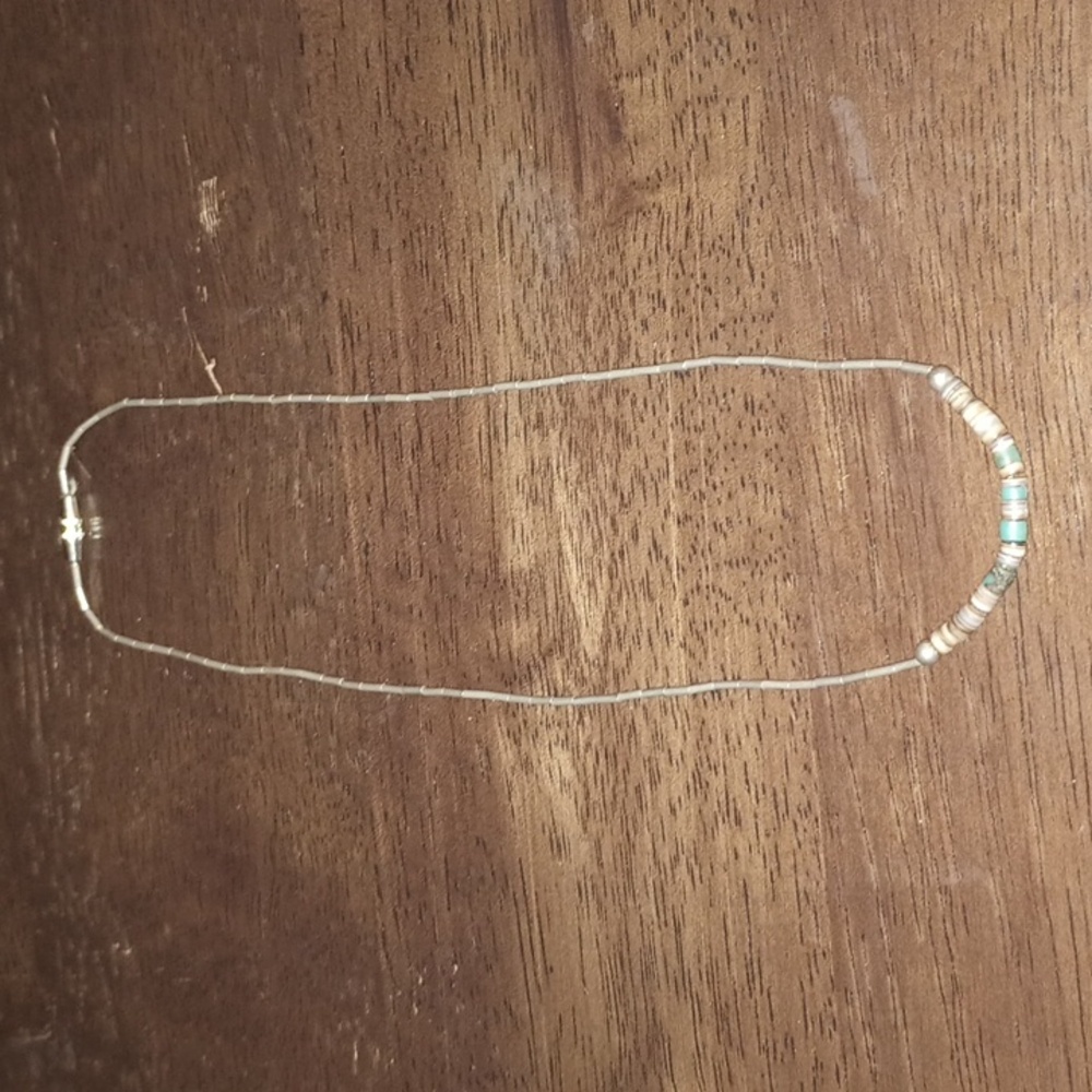 Vintage Navajo Handmade Liquid Silver Necklace Heishi Mother of Pearl Turquoise